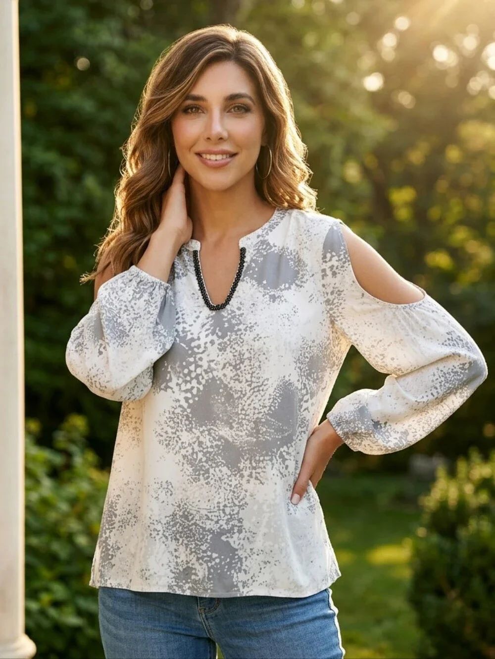 Juicy Couture Dreamy Dots Chiffon Blouse Cold Shoulder Beaded Neck Medium Top